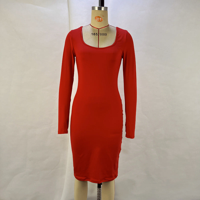 Women Clothing Autumn Winter Square Collar Long Sleeve Solid Color Waist Tight Slimming Sheath Dress