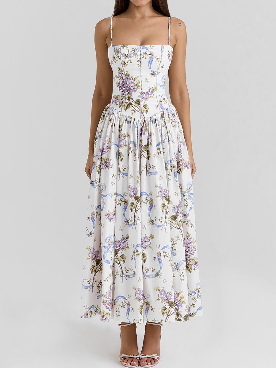 Sexy Printing Slip Dress Summer Slim Fit Backless Maxi Dress Elegant High Sense Summer Beautiful Dress