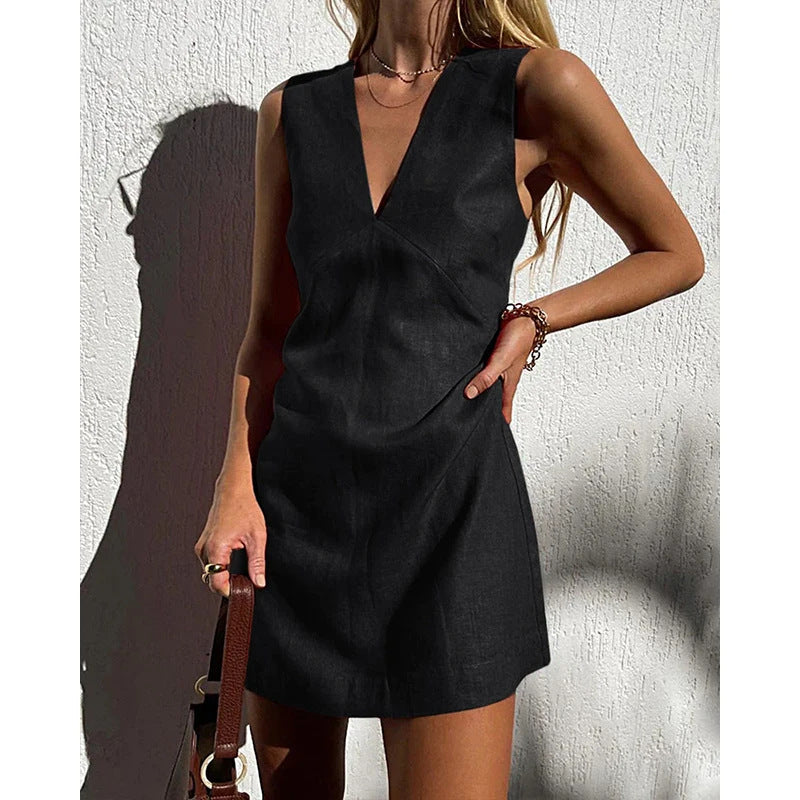 Cotton Linen Dress Women Summer Elegant Generous A line Solid Color V neck Short Vest Dress