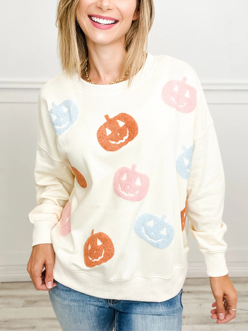 Ladies Summer Personalized Trend Halloween Theme Pumpkin Embroidered Sweatshirts