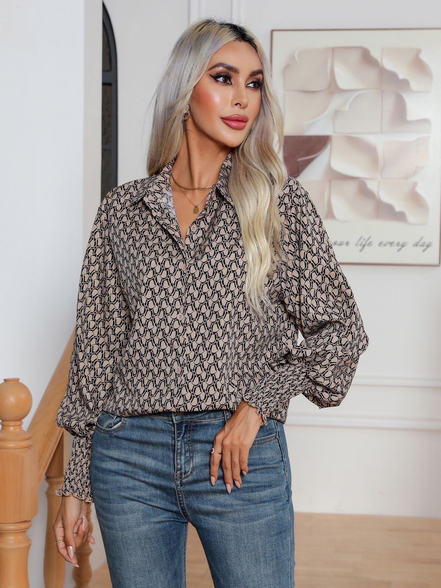 Geometric Abstract Printing Lantern Sleeve Shirt Women Long Sleeved Shirt Top Women Clothing