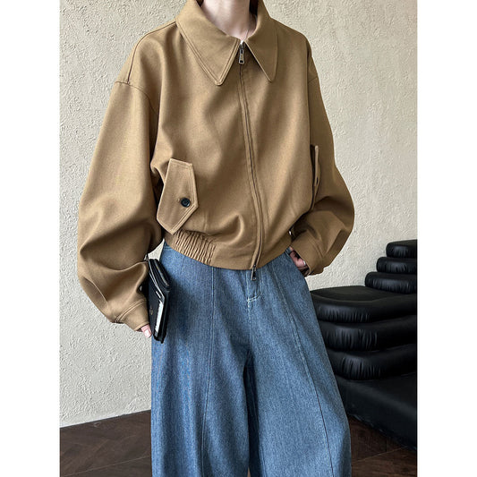 Autumn Maillard Coat Women Collared Drop Shoulder Zipper Design Loose All Matching Long Sleeved Jacket