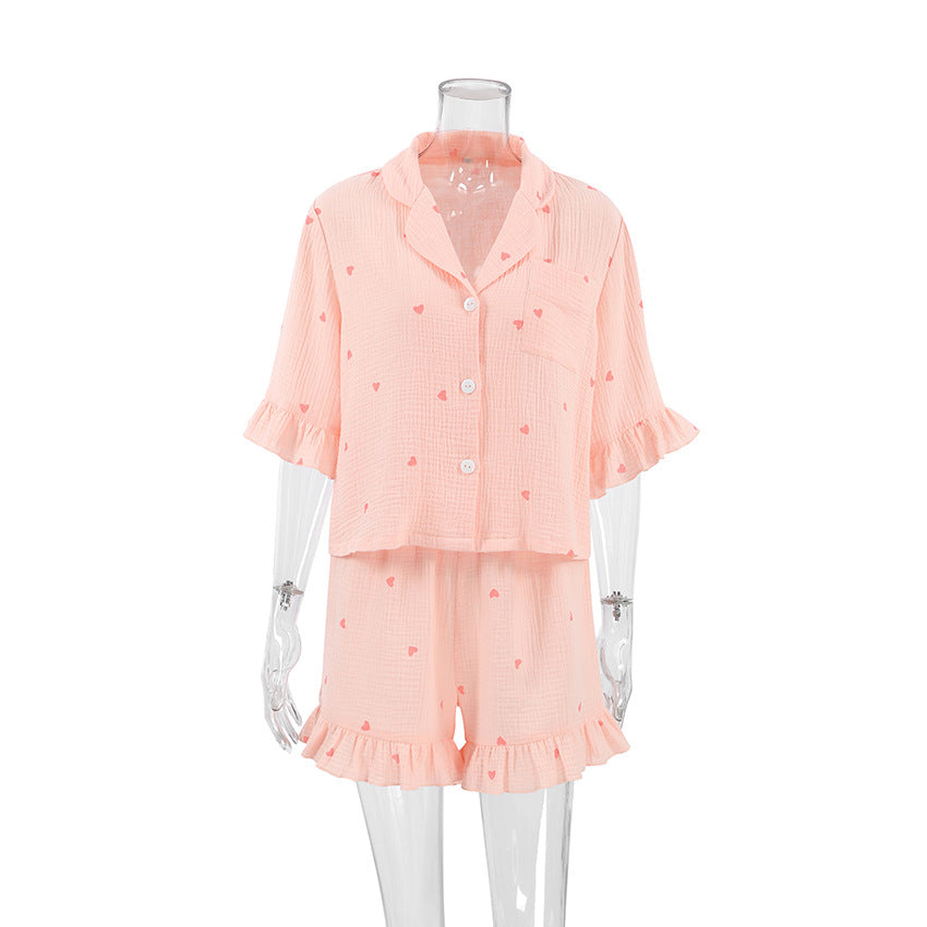 Summer Women Pajamas Crepe Cotton Heart Printing Short Sleeved Shorts Two Piece Home Wear