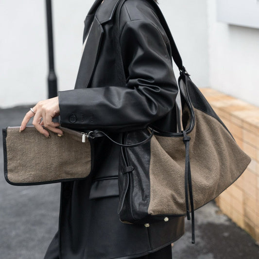 Linen Splicing Vegetable Tanned Cowhide Bag, Large Capacity Casual Bucket Bag, Underarm Shoulder Tote Bag, Hobo Bag for Women