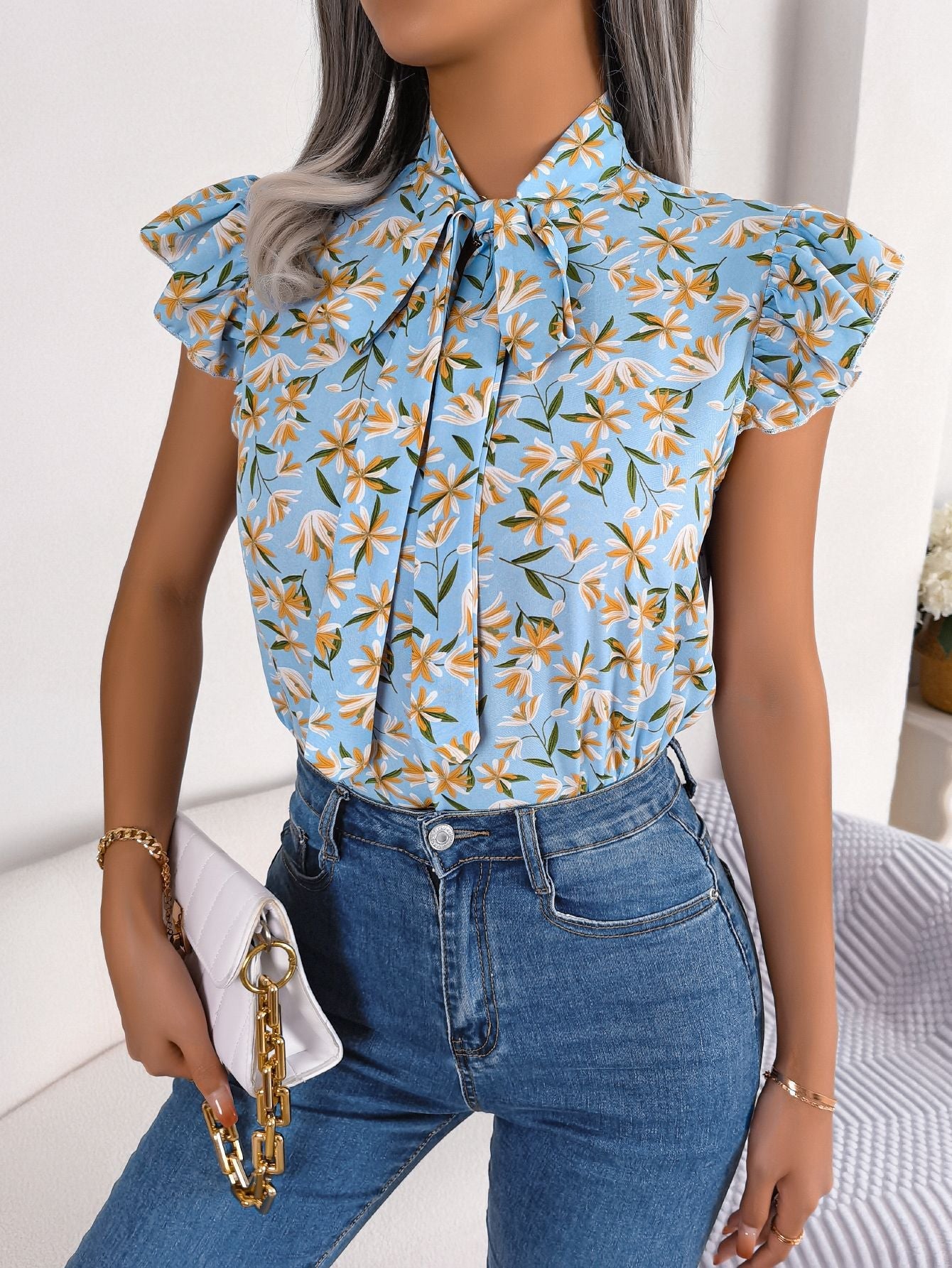 Spring Summer Casual Floral Stringy Selvedge Lace up Bow Chiffon Shirt Women Clothing