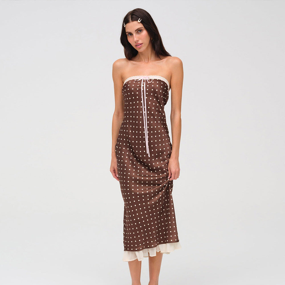 Summer French Polka Dot Tube Top Dress Sexy Backless Satin Dress