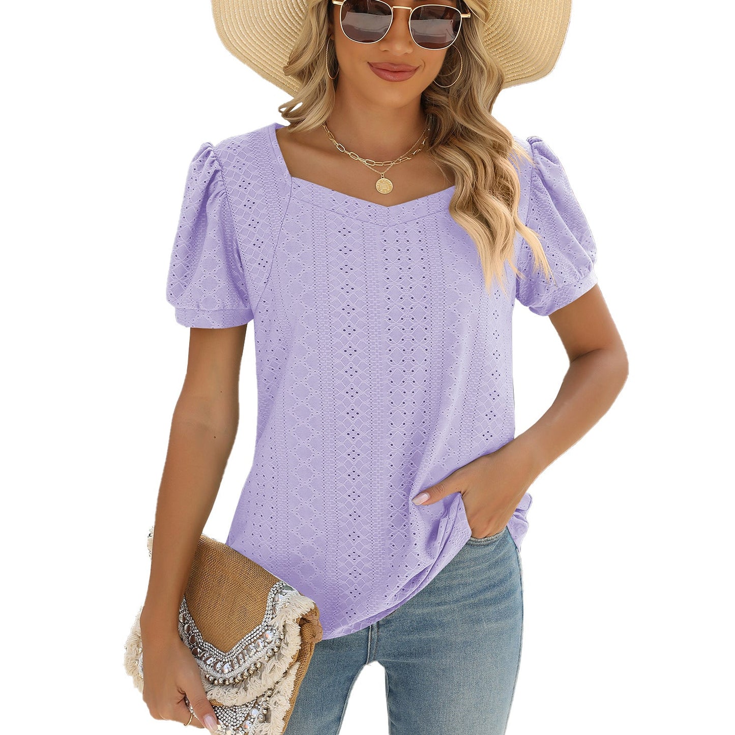 Spring Summer Solid Color Square Collar Puff Short Sleeve T Shirt Loose Top Women