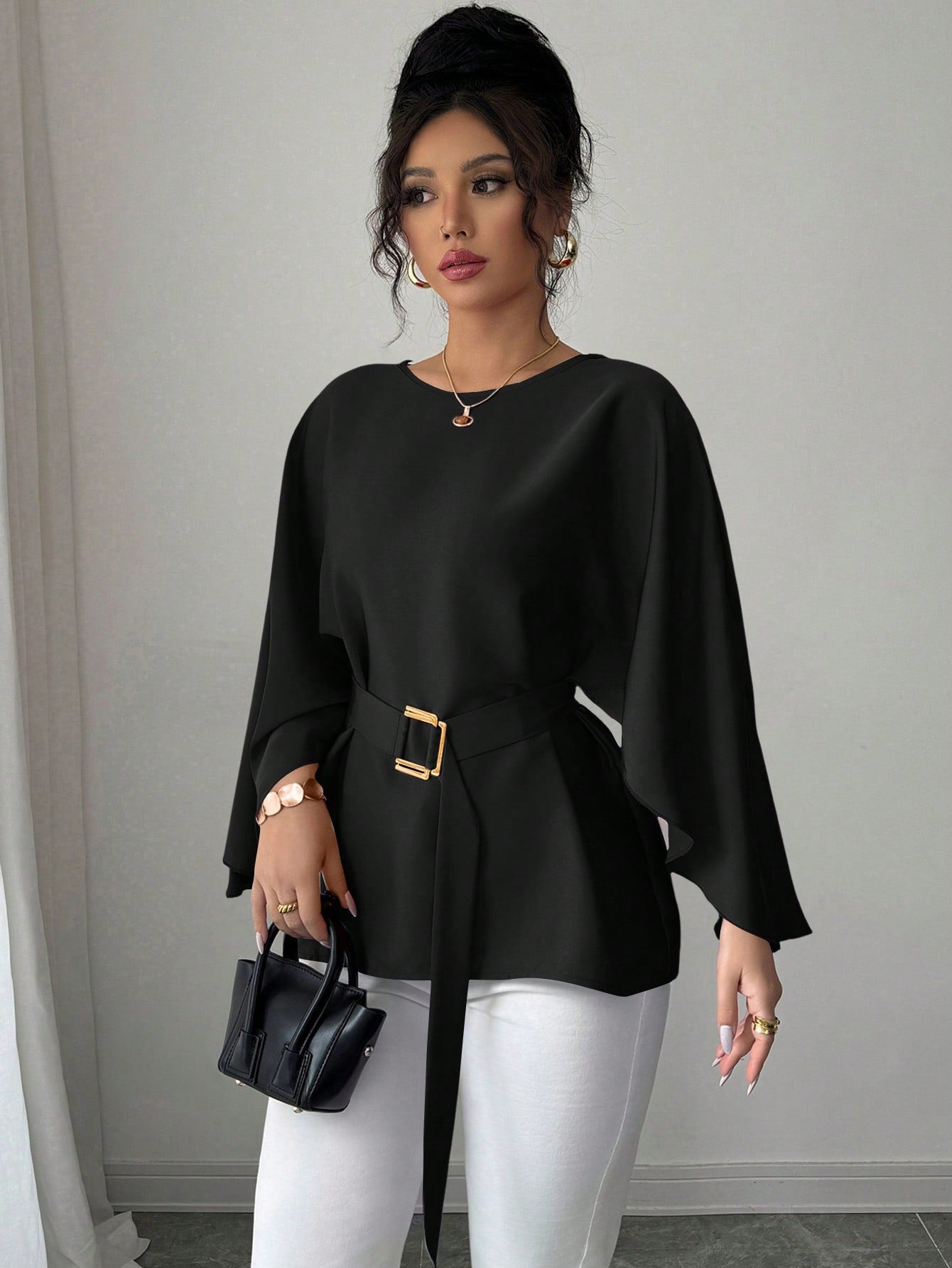 French Retro Trumpet Sleeve Round Neck Elegant Slimming Sense Design Top