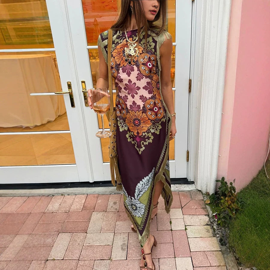 Tassel Positioning Printed Dress Satin Sleeveless Holiday Dress