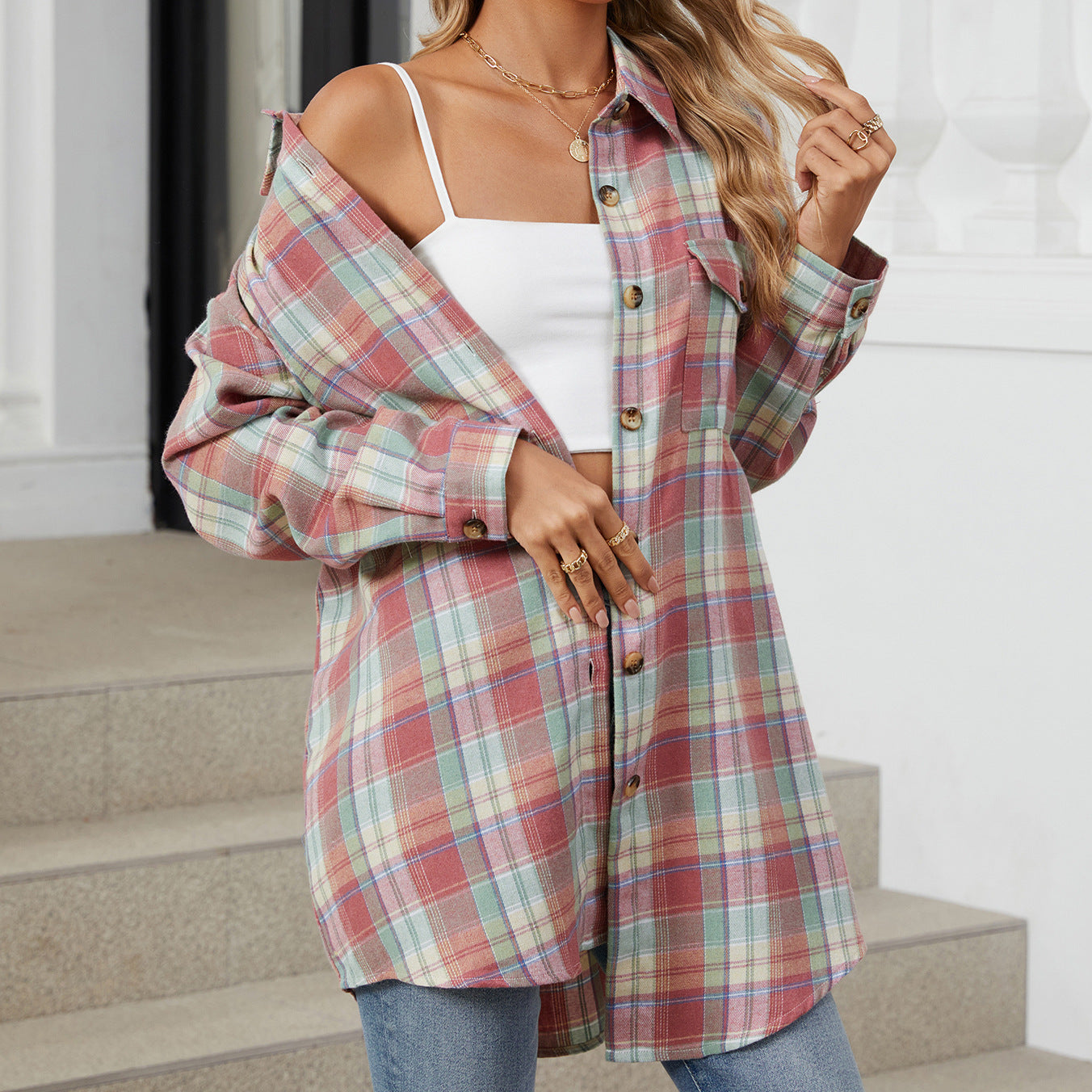 Autumn Winter Oversize Plaid Shirt Brushed Long Sleeve Shirt