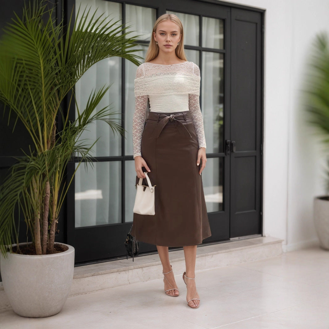 Autumn Winter Belt Bow Design High Waist Skirt Leather Skirt Long Wing A line Skirt
