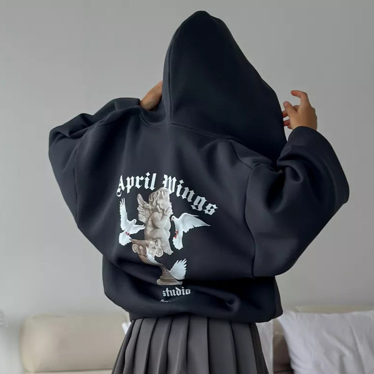 Loose Personality Trendy Sexy Casual Top Angel Print Hooded Zipper Sweatshirt for Women Spring Autumn