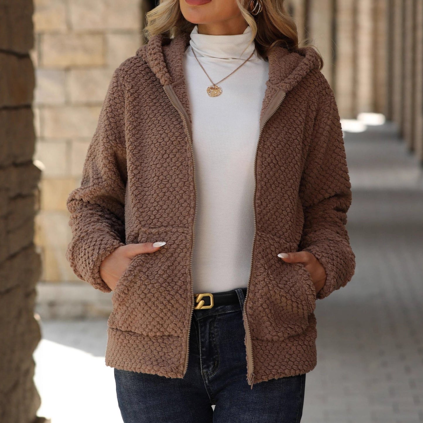Flash Velvet Women Clothing Autumn Winter Loose Pocket Hooded Zip Cardigan Women Plush Coat