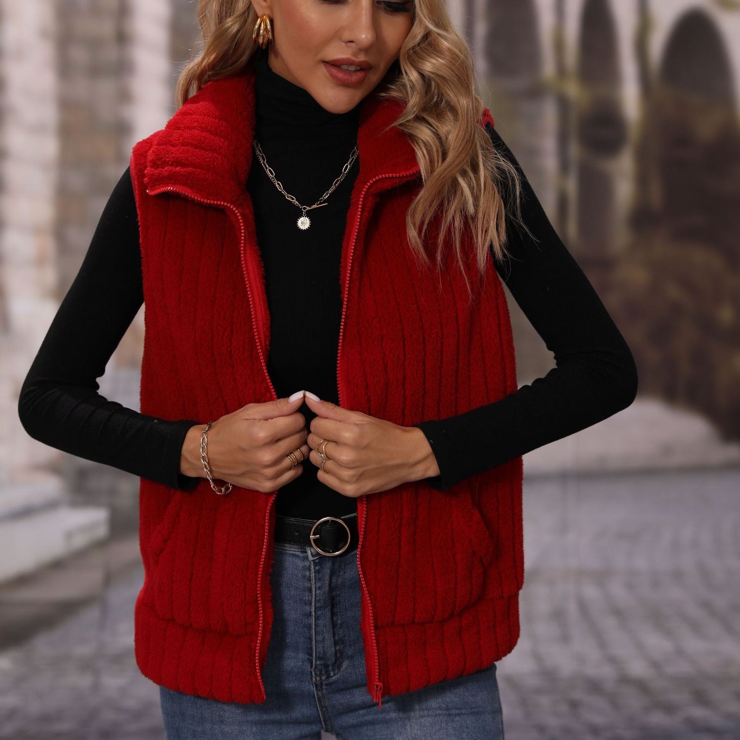 Fall Women Collared Sleeveless Loose Striped Zipper Plush Casual Jacket