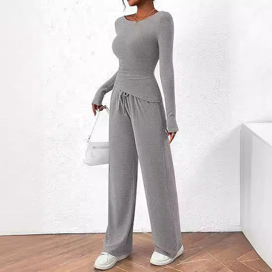 Autumn Casual Suit Asymmetric Long Sleeve T Shirt Wide Leg Pants Casual Wear Sportswear