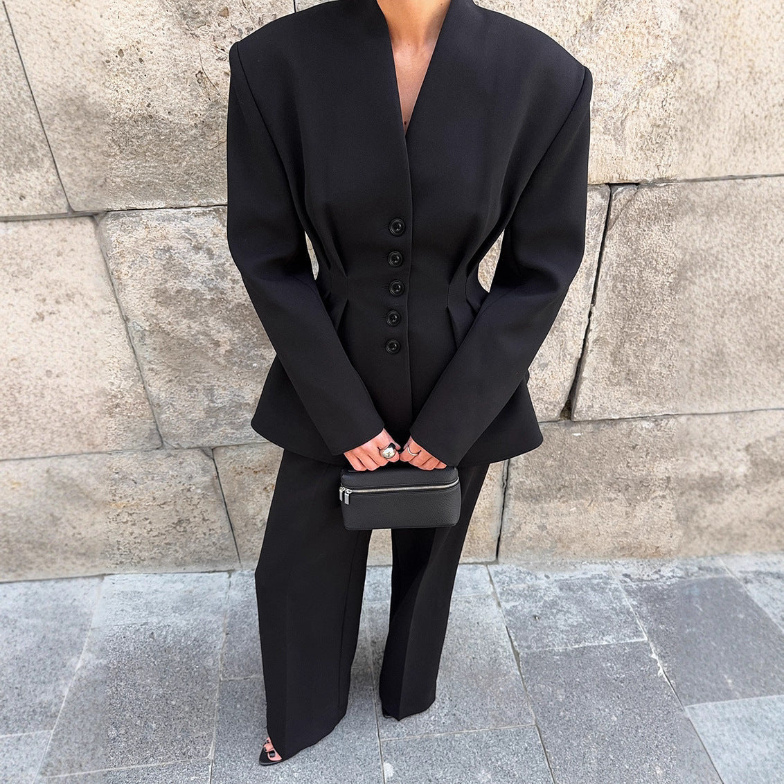 Women Clothing Fall Black High Grade Long Sleeved V neck Pleated Waist Tight Blazer Trousers Two Piece Set
