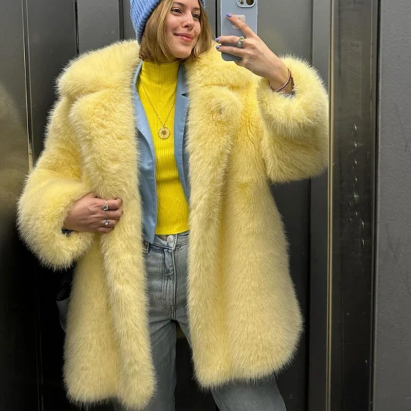 Fur Coat Women Autumn Winter Warm Collar Faux Fur Overcoat Mid-Length Fox Fur Jacket