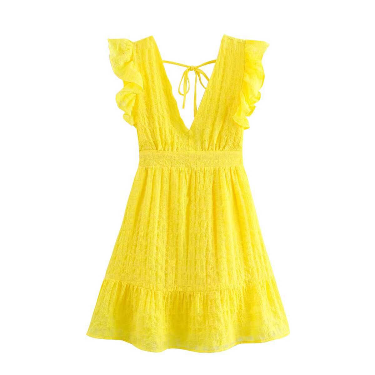 Women Waist Slimming V Neckline Ruffled Sleeveless Dress