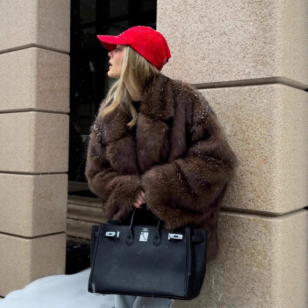 Faux Fur Coat Collared Fashionable Warm Women Clothing Autumn Winter Faux Fur Coat