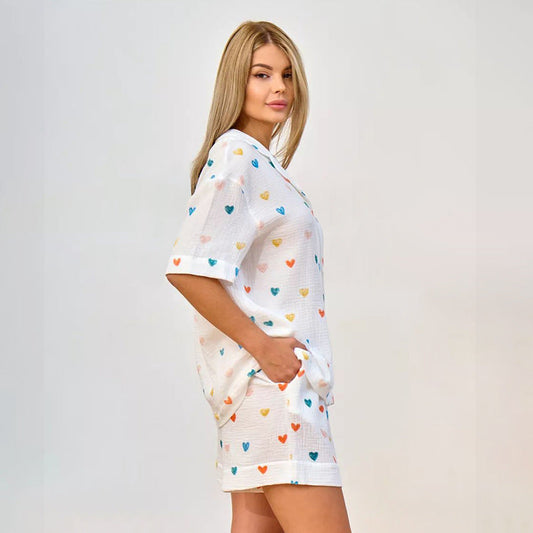 Summer Layer Crepe Heart Printing Pajamas Two Piece Cardigan Half Sleeve Shorts Women Homewear