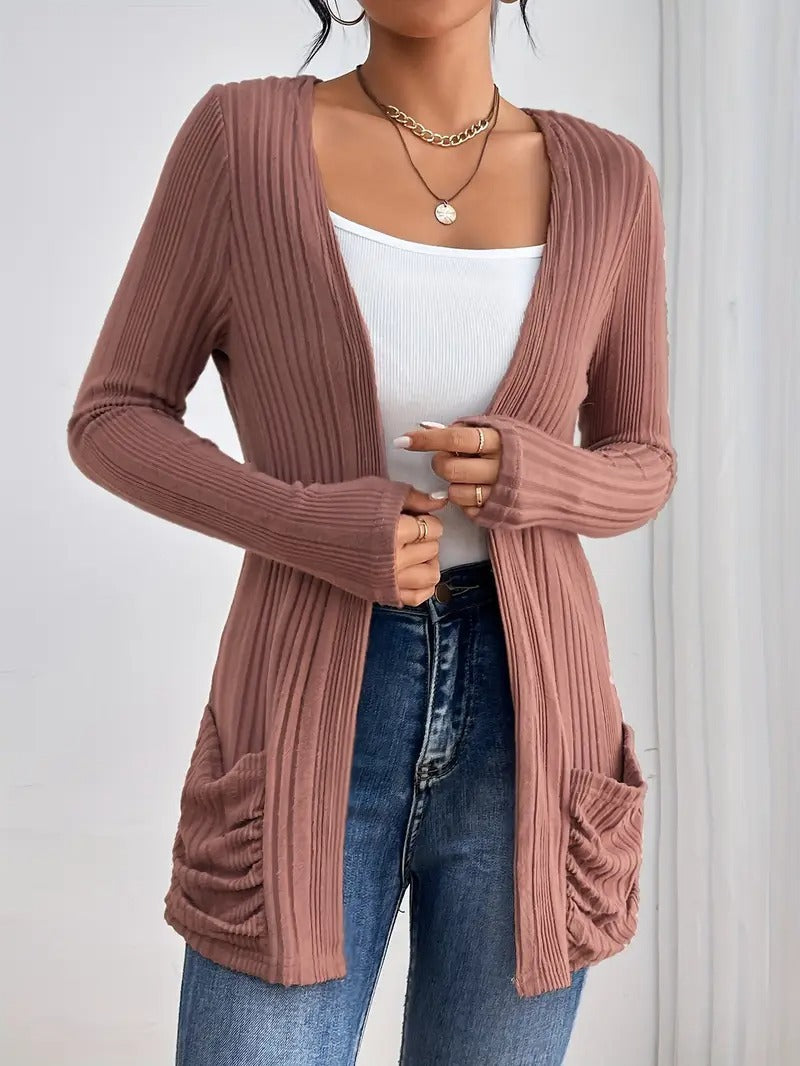 Autumn Winter Elegant Mid Length Long Sleeve Pocket Casual Loose Solid Color Needle