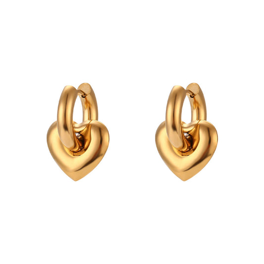 Simple Light Luxury Ear Clip Ear Hoop Jewelry Stainless Steel Gold Plated Glossy Heart Embellished Thick Earrings Accessories