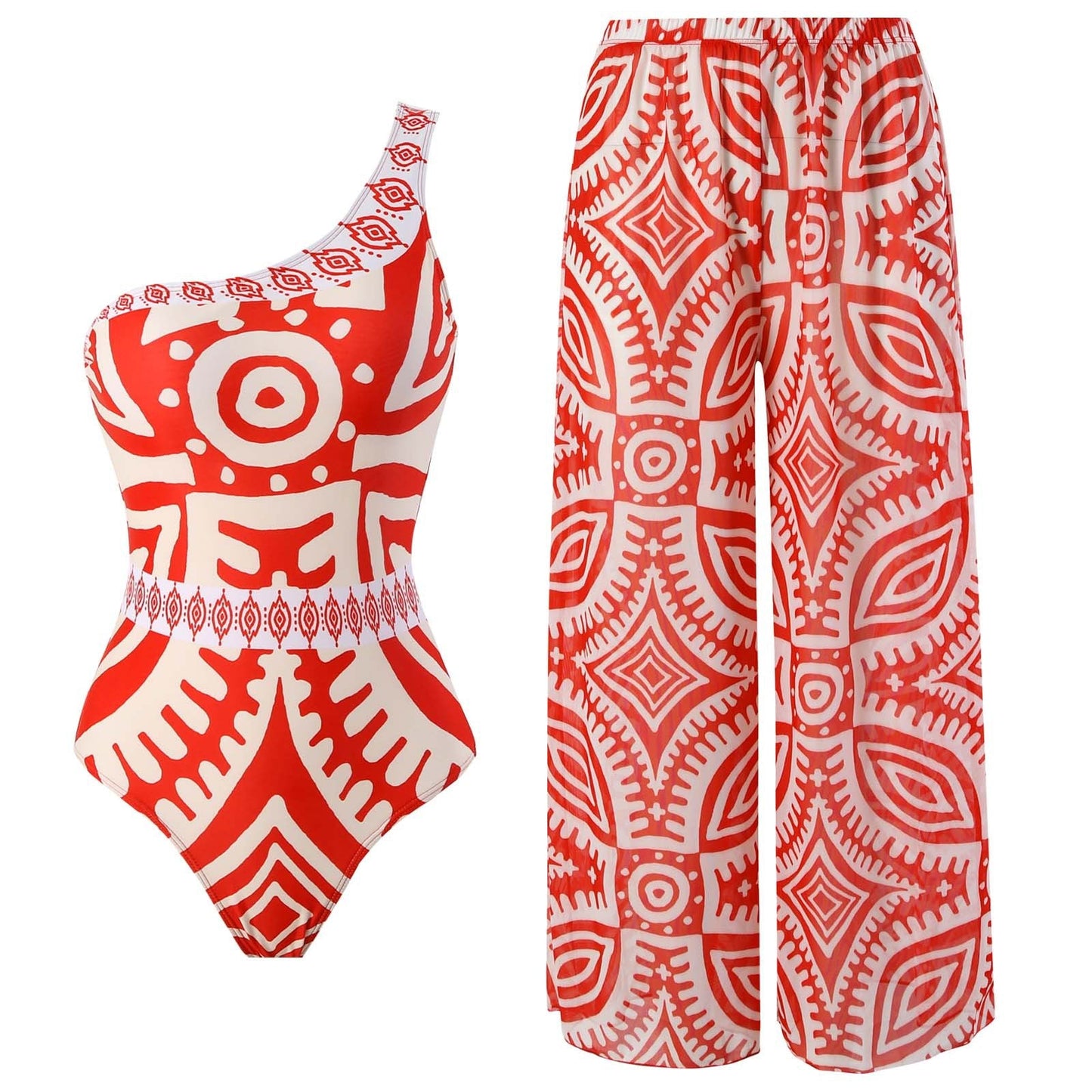 Sexy Swimsuit Women Conservative Cover Belly Lace-up Swimsuit Spring Mesh Beach Pants Suit