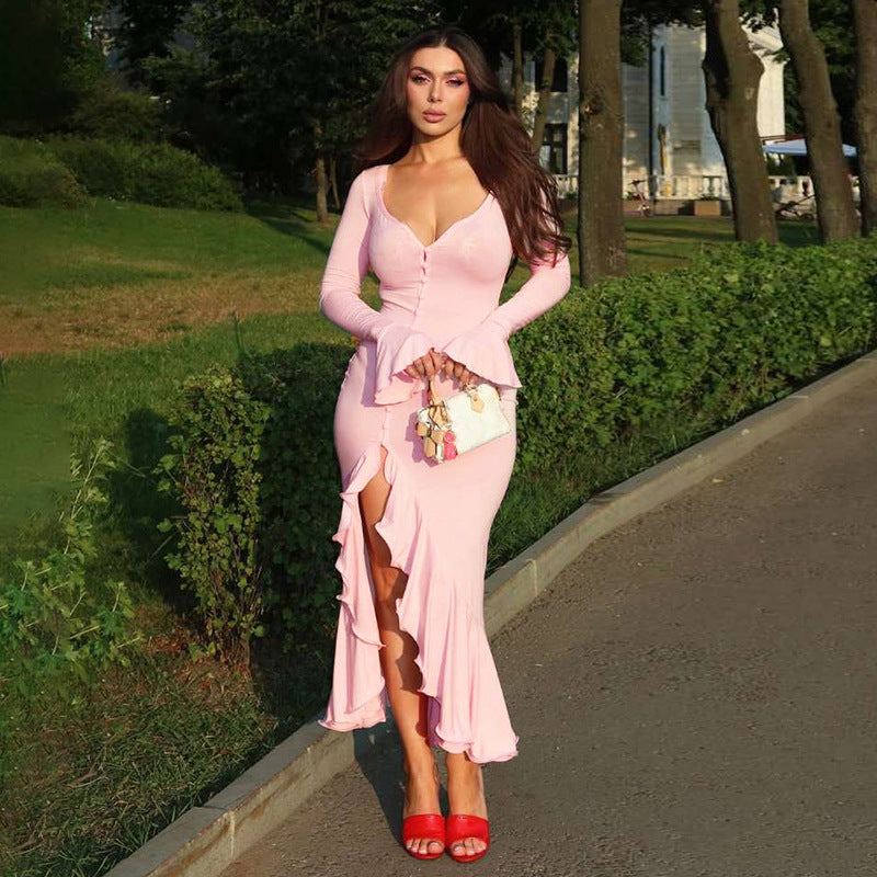 Summer Women Clothing Sexy Slim Solid Color Long Sleeve V neck Flounce Split Dress