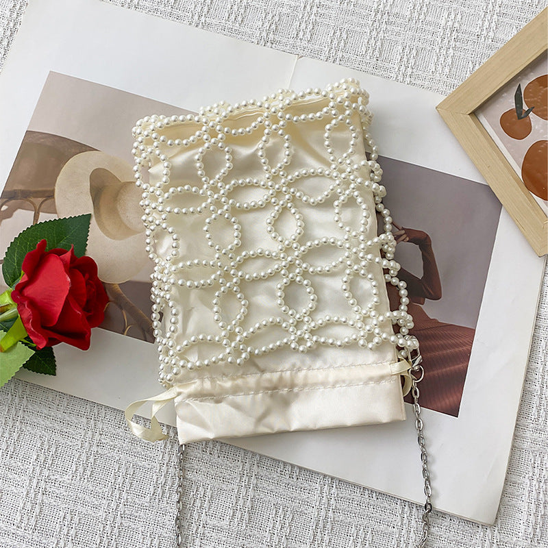 Artistic Fairy Floral Cutout Woven Beads Imitation Pearl Advanced Texture Mobile Phone Lipstick Chain Cross Body Bag