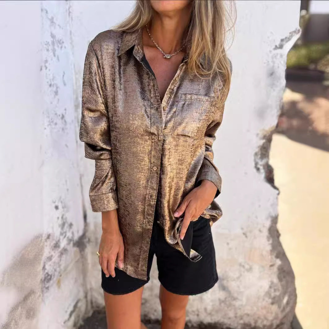 Spring Women Clothing Casual Suede Polo Collar Shirt