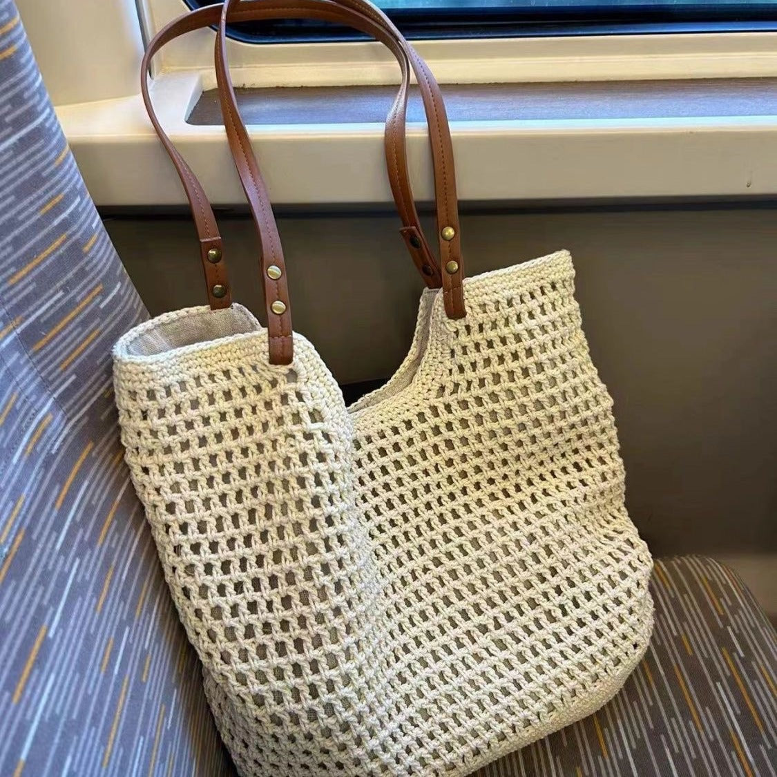 Grid knitted hobo bag, travel commuter shoulder bag, travel large capacity armpit bag, crochet hobo purse