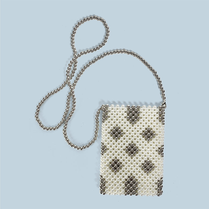 Handmade Beaded Bag Women Contrast Color Small Fresh Pearl Mobile Phone Bag Shoulder Messenger Bag Exquisite