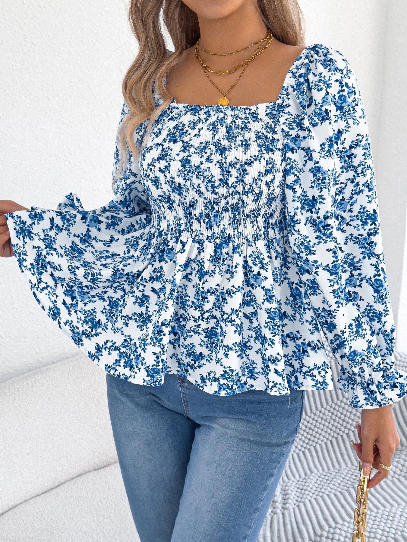 Spring Summer Casual Square Collar Bell Sleeve Floral Chiffon Shirt Holiday Top Women Clothing