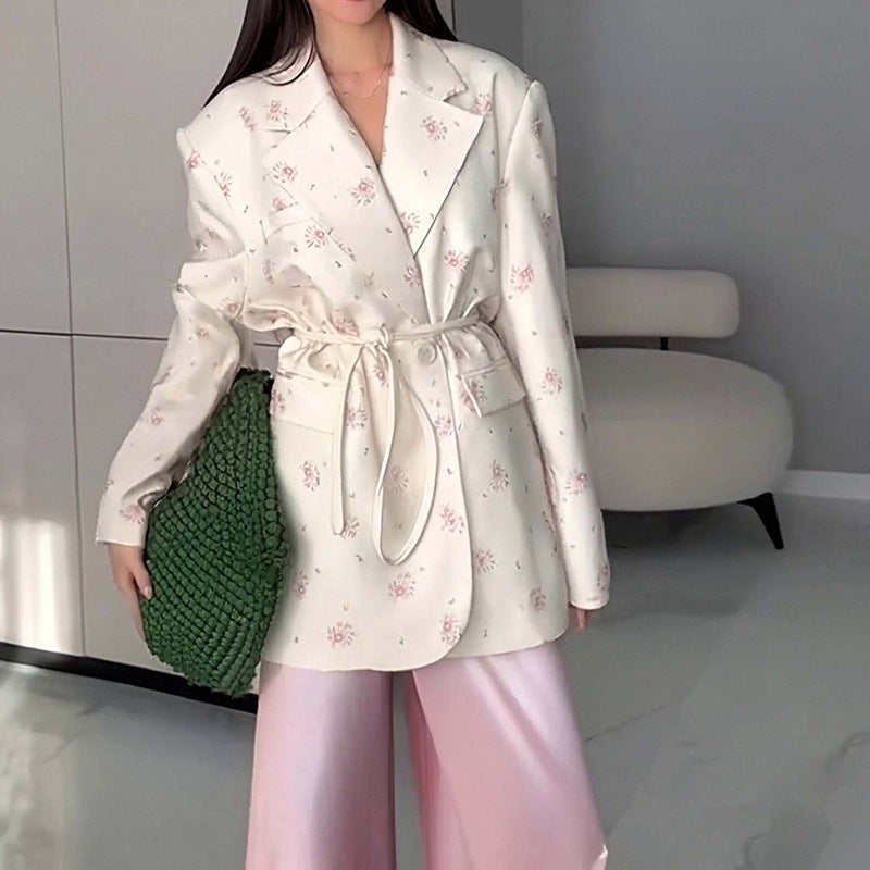 Women Clothing Spring Autumn Printed Loose Collar Lace up Waist Tight Blazer