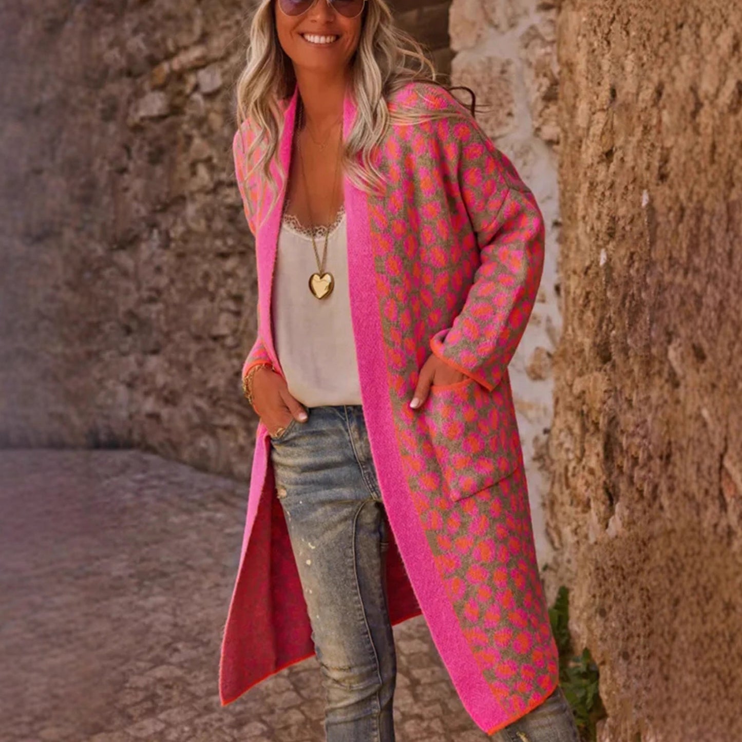 Autumn Winter Contrast Color Leopard Print Long Sweater Retro Pocket Sweater Women Coat