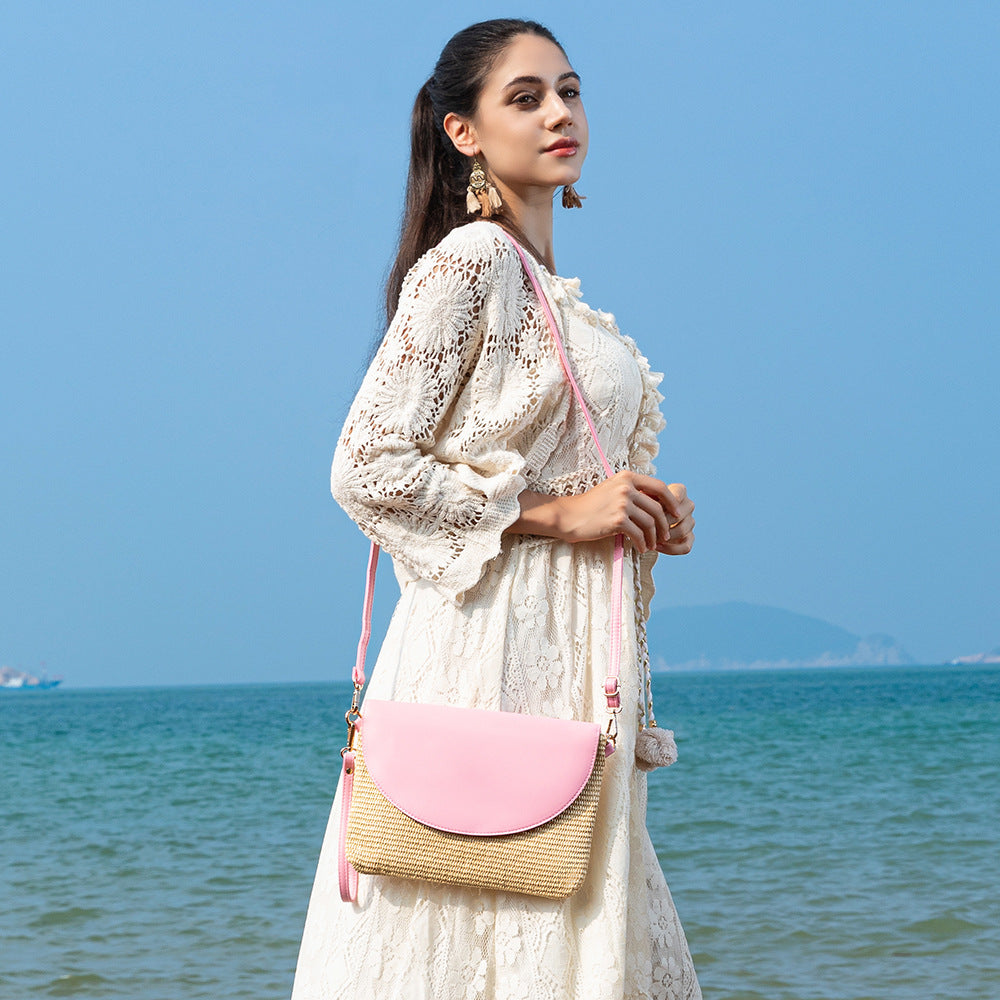 Holiday straw bag, small solid color shoulder bag, small crossbody beach bag, seaside beach bag evening clutch woven bag women