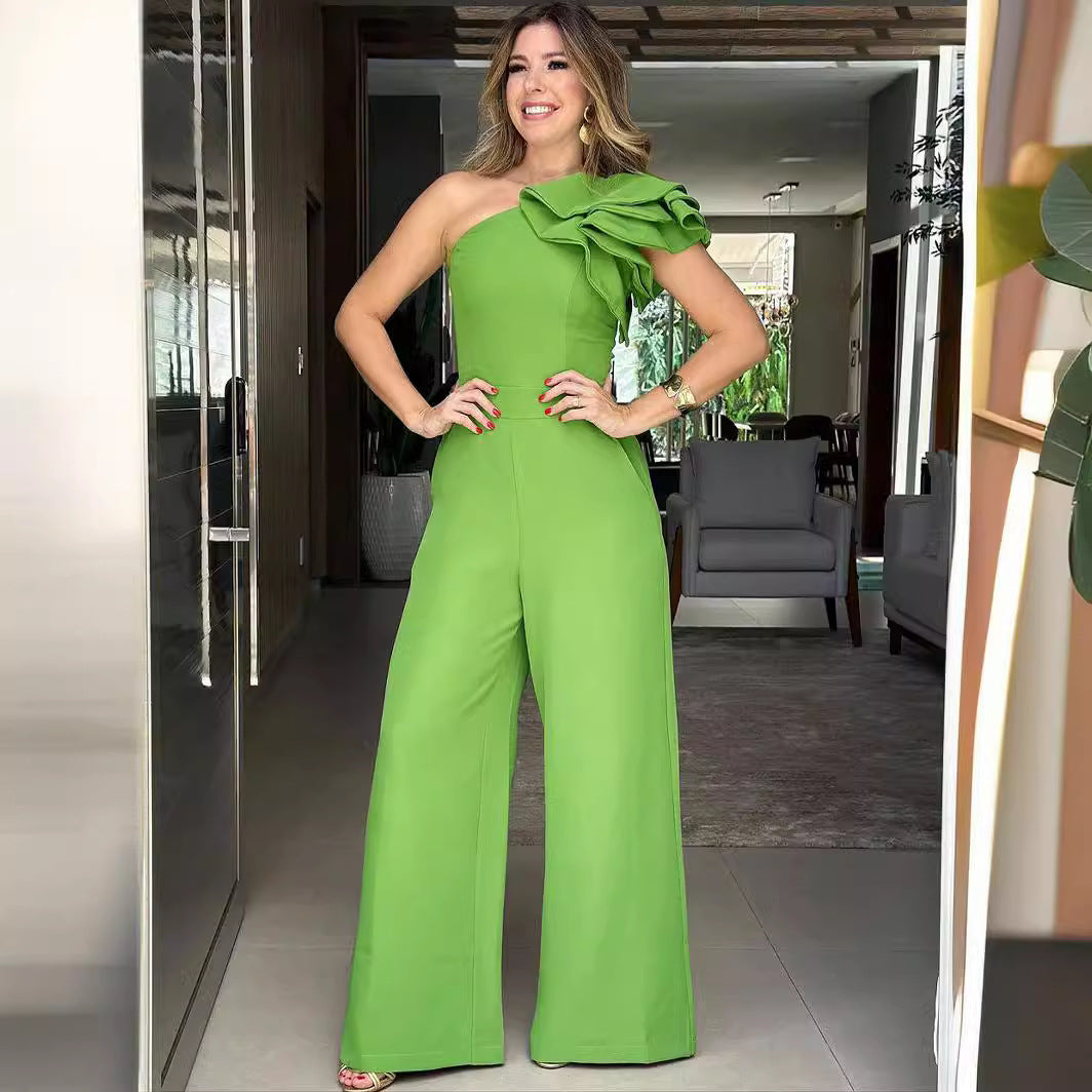 Women Wear Jumpsuit Oblique Shoulder Ruffles Design High Waist Jumpsuit