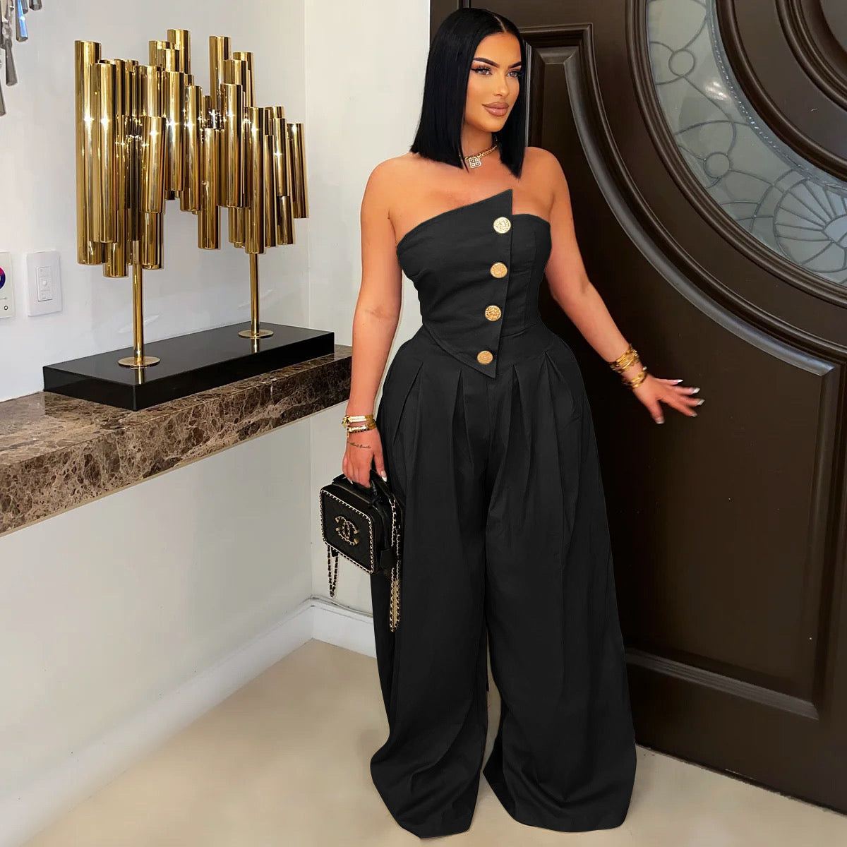 Women Wear Sexy Tube Top Sleeveless Metal Button Wide Leg Jumpsuit