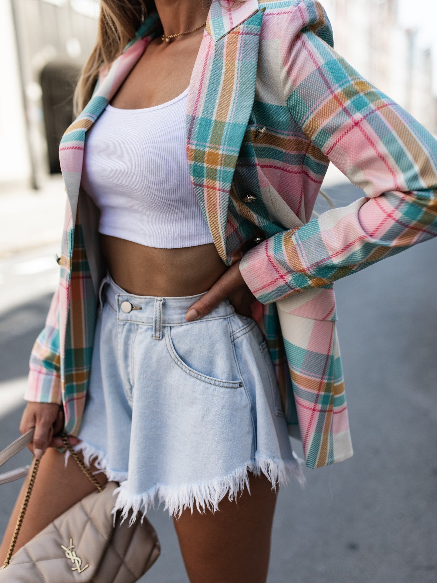 Women Clothing Digital Printing Plaid Coat Polo Collar Slim Fit Small Blazer Outerwear