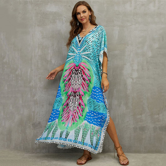 Rayon Positioning Printing Beach Cover Up V Neck Robe Vacation Skirt Bikini Cover