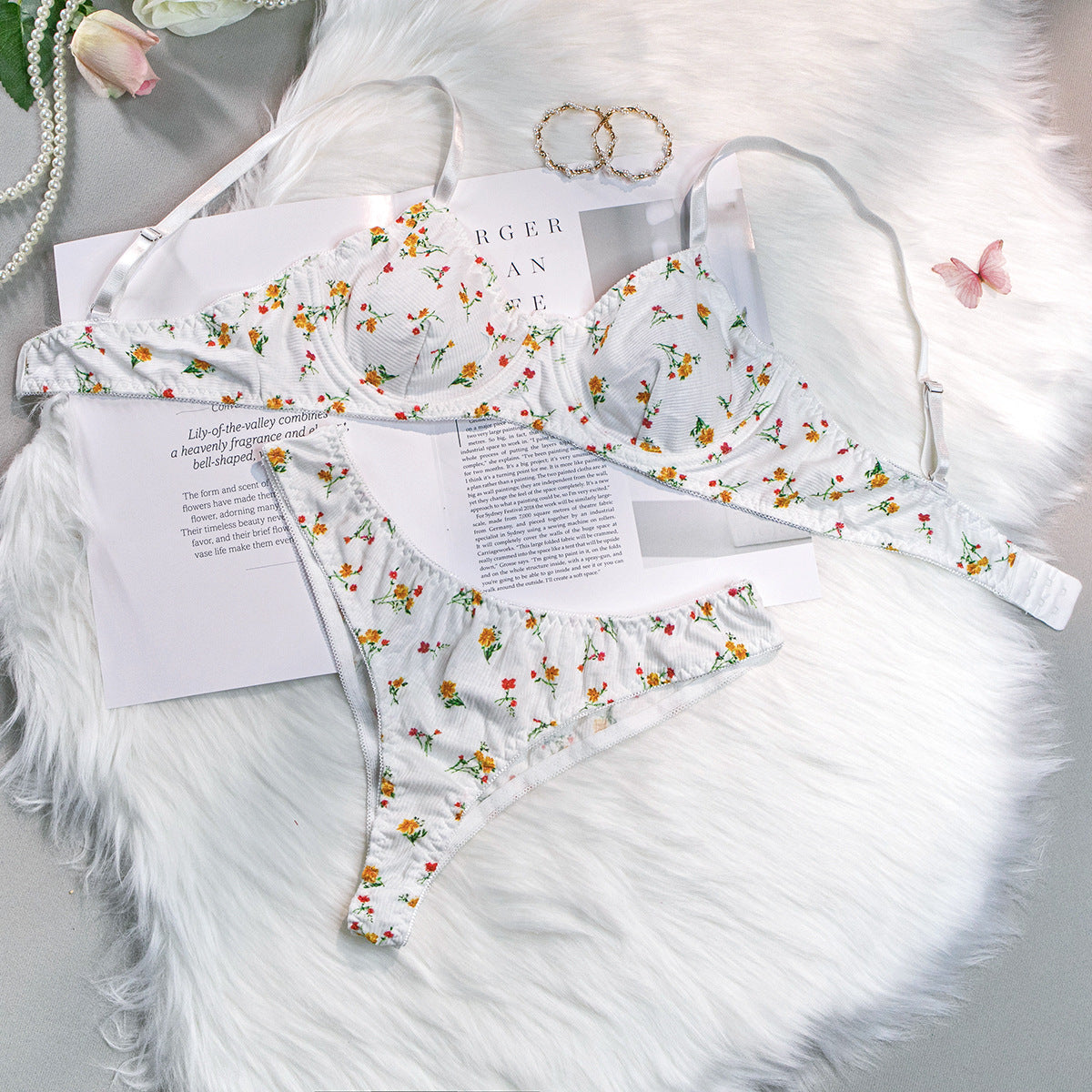 Summer sexy underwear knitted sexy idyllic small floral steel ring two-piece set