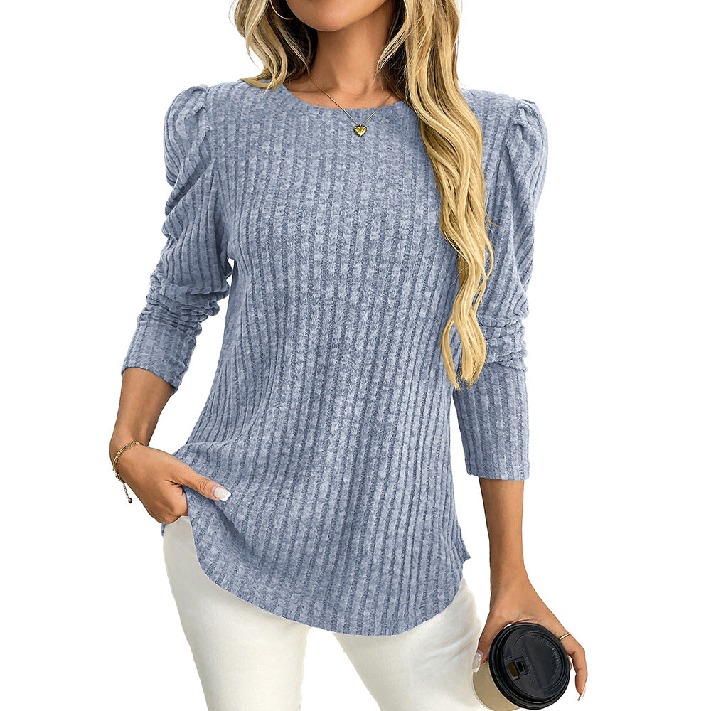 Arrival Women round Neck Puff Sleeve Brushed Sunken Stripe Solid Color Upper Clothes Long Sleeves T shirt
