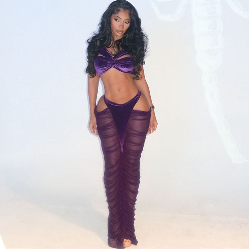 Autumn Winter Sexy Tube Top High Waist Stitching See through Skirt Set