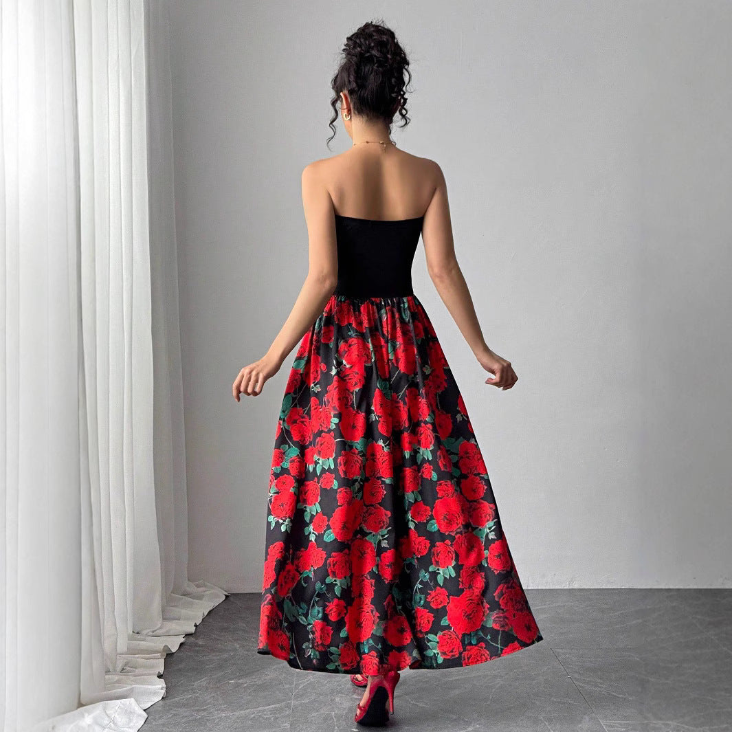 Spring Summer Elegant Lady Rose Print Short Stitching Bandeau Sexy Maxi Dress