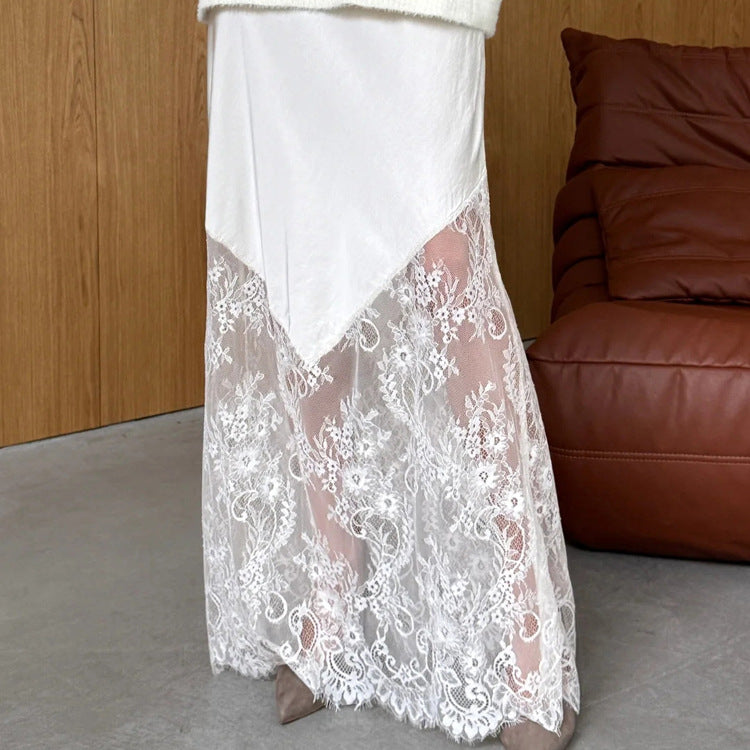 Design Lace Stitching See through Skirt Women Spring Autumn Office Hip Skirt