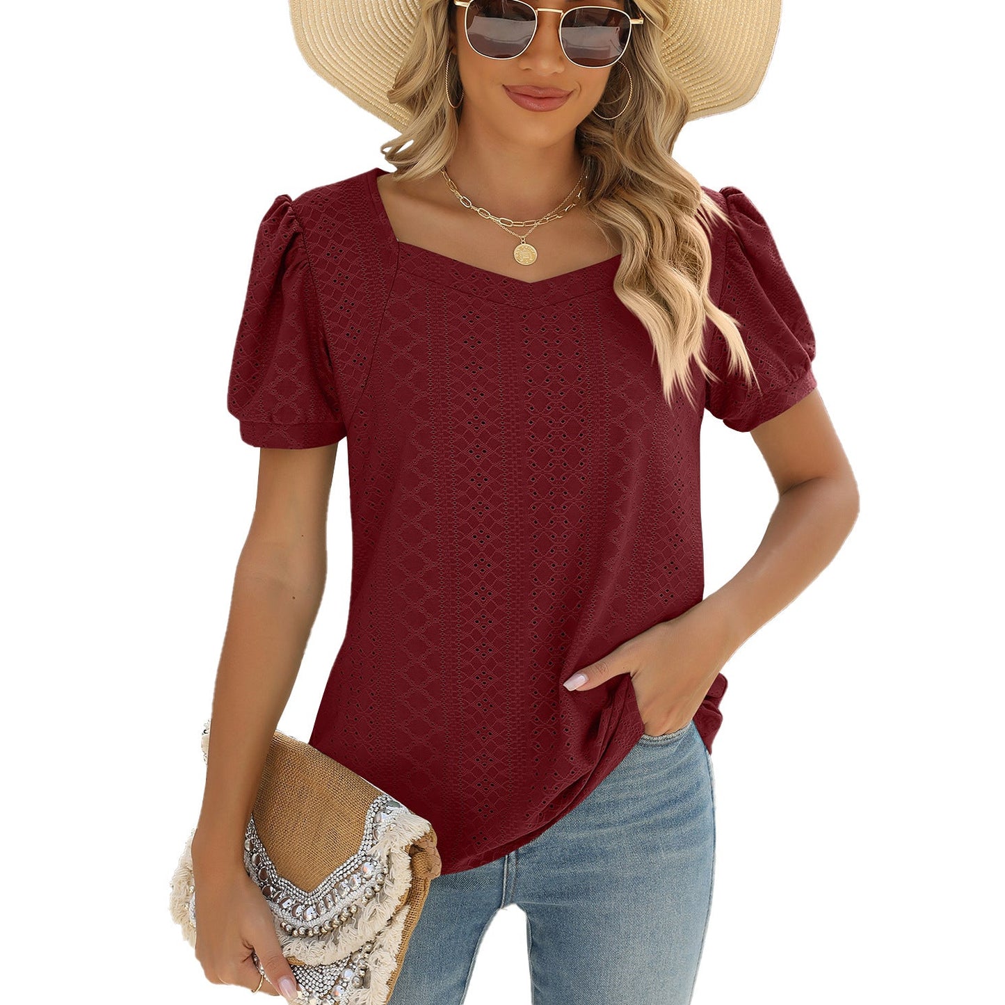 Spring Summer Solid Color Square Collar Puff Short Sleeve T Shirt Loose Top Women
