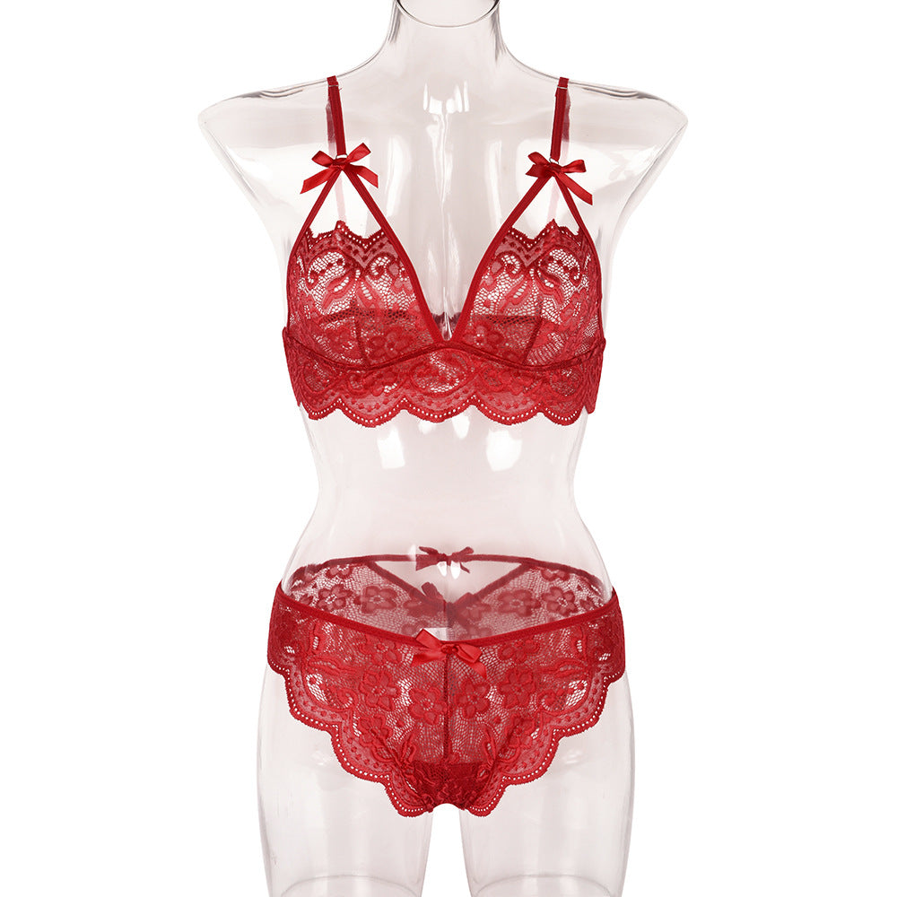 Sexy Two Piece Set Autumn Lace Splicing Tape Bow Sexy Lingerie Set