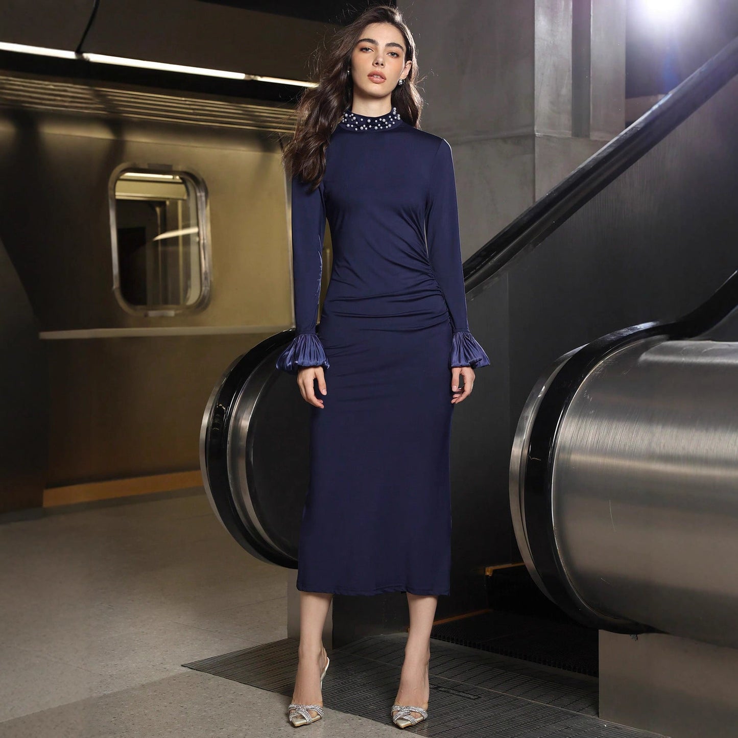 Women Clothing Arrival Slim Pearl Stand Collar Long Sleeve Dress Women Party Dress