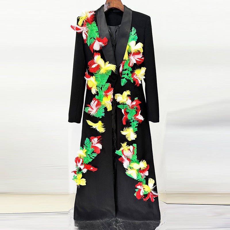 Autumn Winter Star Heavy Industry Nail Feather One Button Extended Blazer Trench Coat
