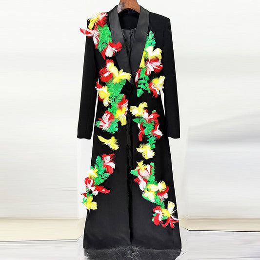 Autumn Winter Star Heavy Industry Nail Feather One Button Extended Blazer Trench Coat